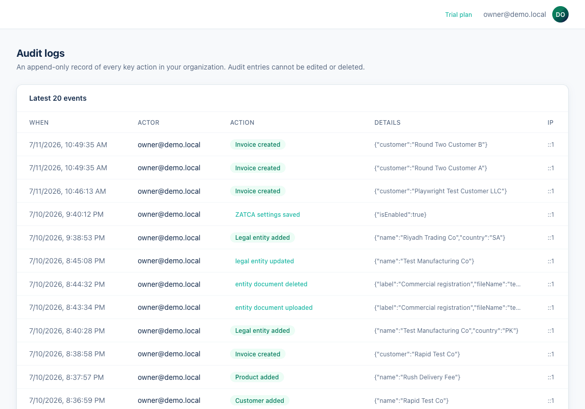 Fisclyra audit log showing a chronological, append-only record of invoice creation, legal entity changes, and ZATCA settings updates